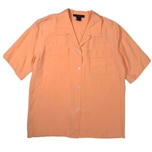 Fu Da Y2K Silk‎ Button Down Shirt Womens L Peach Good Camp Collar Short Sleeve